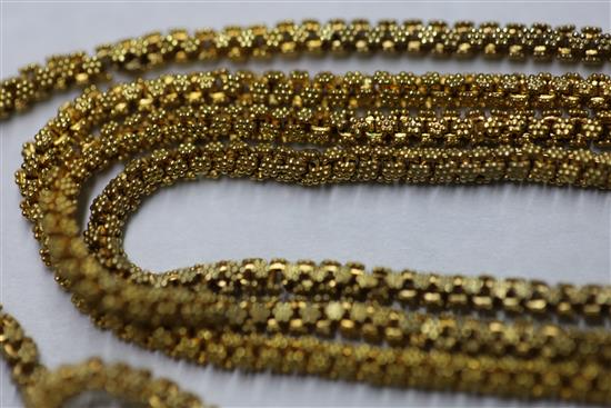 A Victorian gold fancy cluster link guard chain, 134cm.